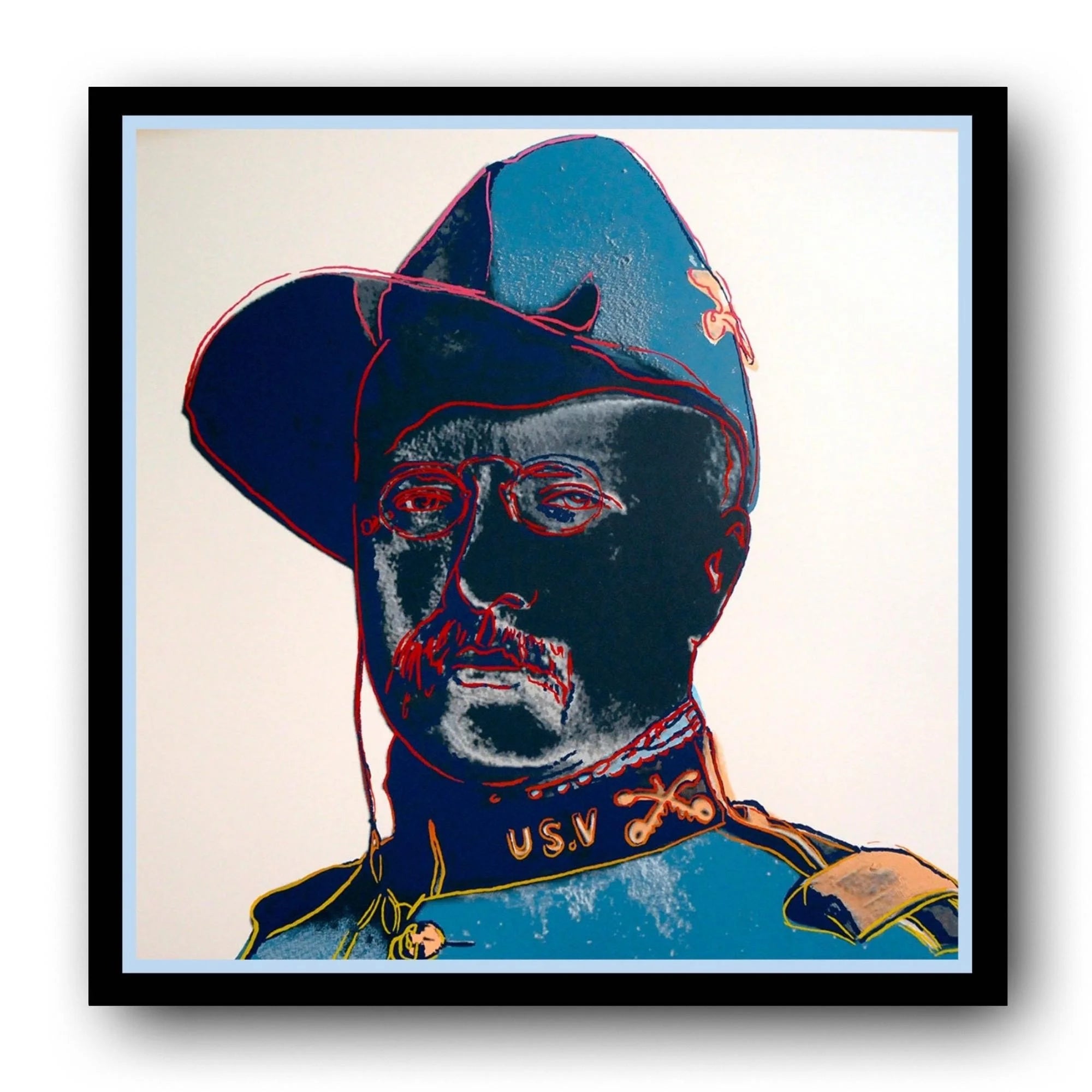 Framed portrait artwork of an abstract Teddy Roosevelt in a blue uniform with a red face and 'USV'.